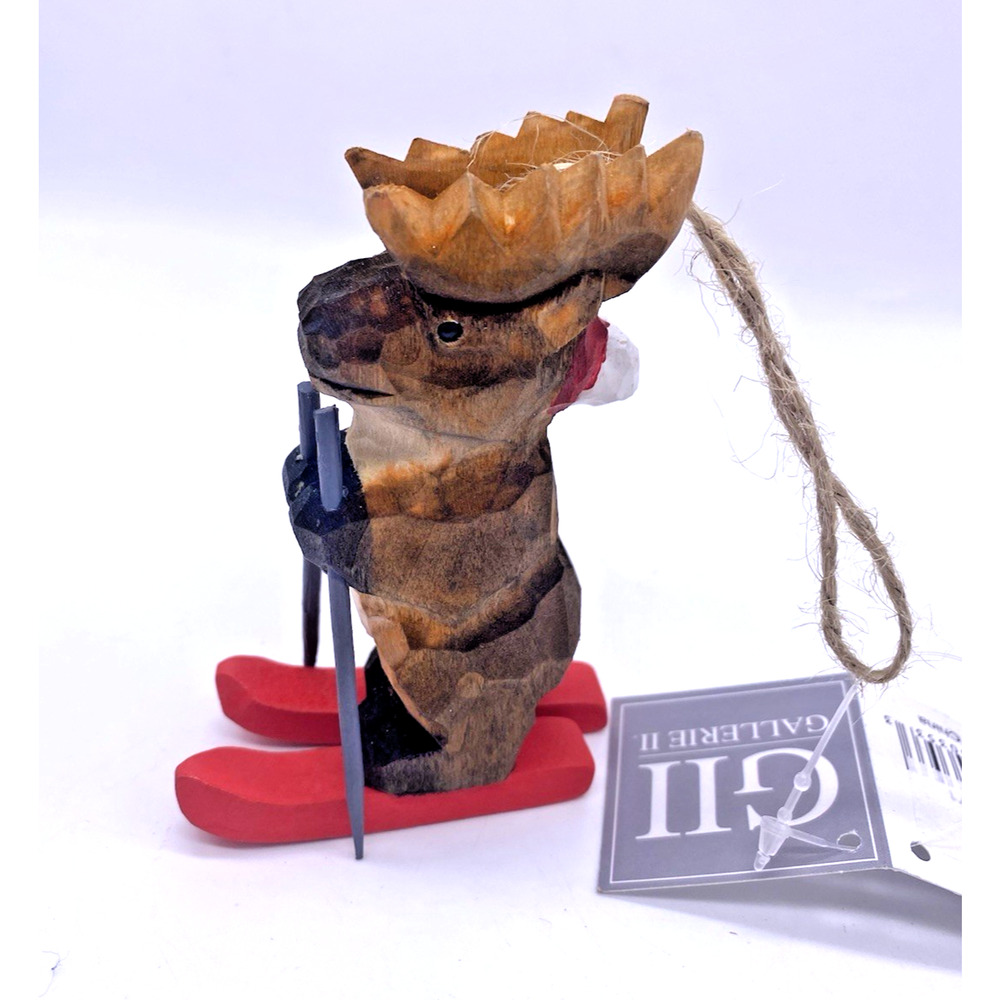 Moose on Skis Ski Skiing Christmas Ornament Wood Carved Gallerie II Cabincore